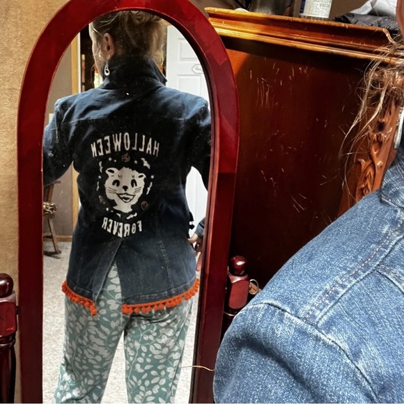 Rare Halloween Forever Chaps blue jean denim jacket costume cat wow Large - Picture 7 of 9